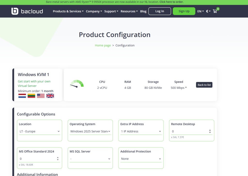 Bacloud Windows VPS 8折:4G内存19.2欧元/月起-47to主机测评网 - 专注云服务器,国外服务器,虚拟主机,CDN加速,美国VPS主机测评